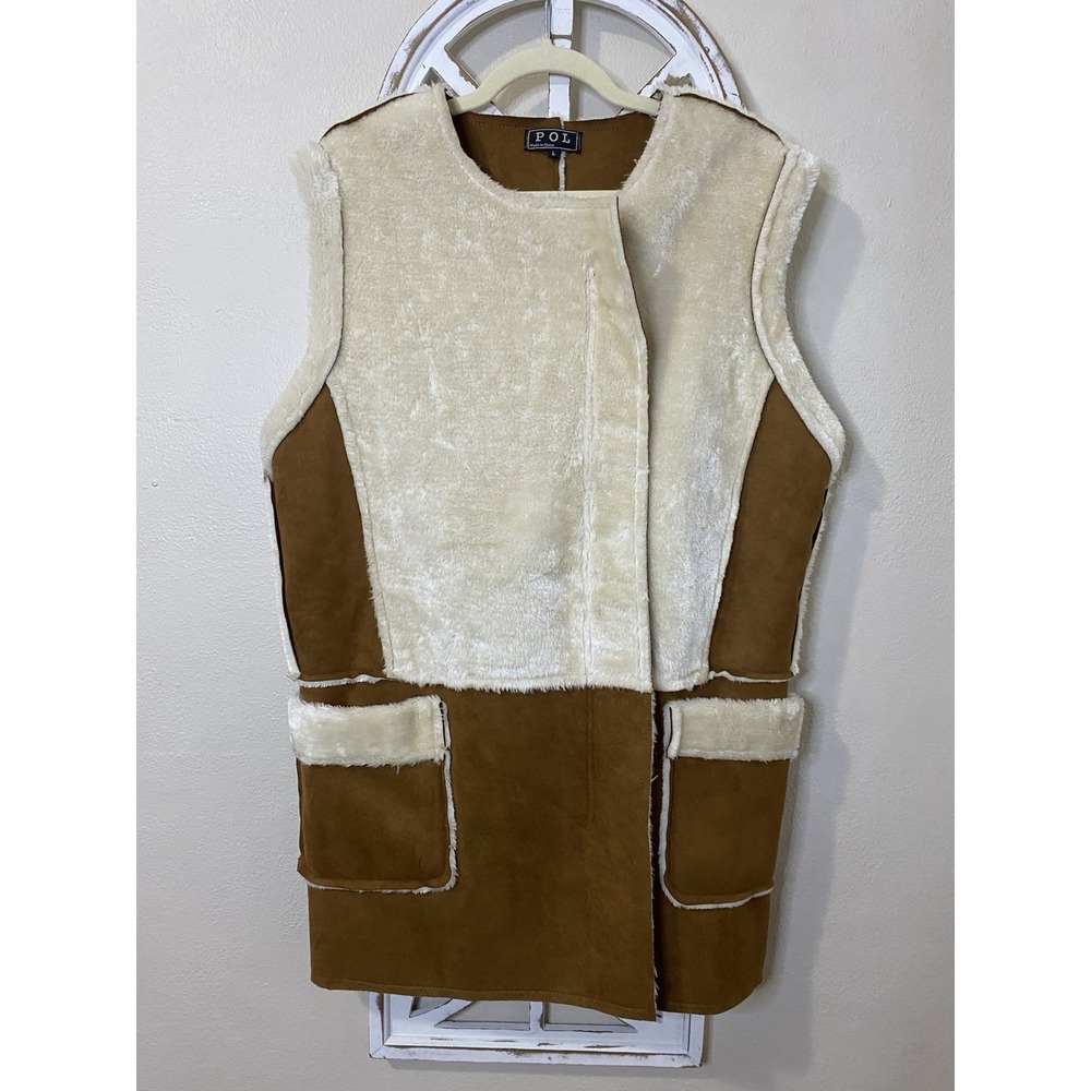 POL large Sherpa Faux Suede Western Country Sleeveless Vest Pockets Zip Up